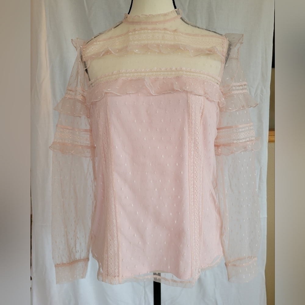 Express blush pink lace Swiss dot lined Victorian mock neck long sleeve blouse S